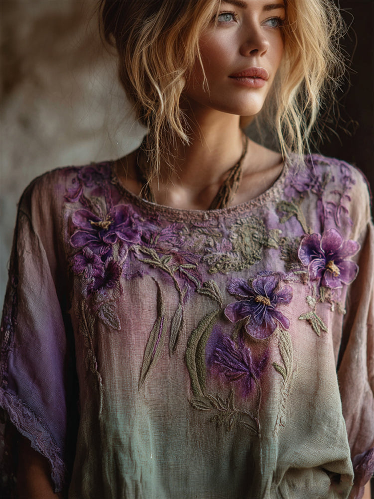 Vintage Purple Flowers Forest Gradient Flowy Linen Tunic elevenforest