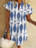 Fish Art Print Ruffled Short-sleeved V-neck Buttoned Dress Vacation Beach Dress