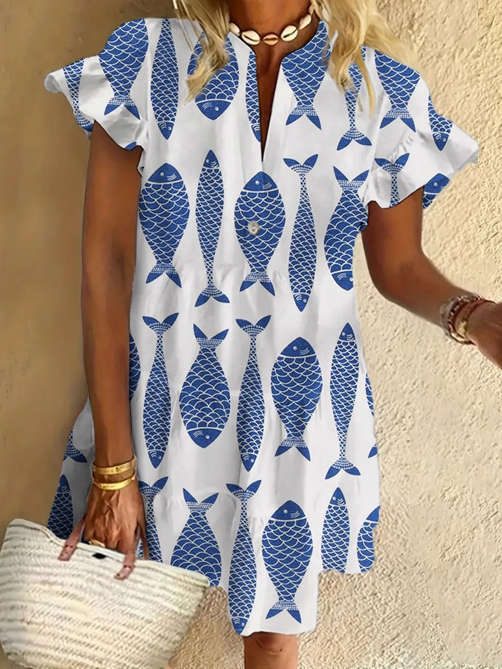 Fish Art Print Ruffled Short-sleeved V-neck Buttoned Dress Vacation Beach Dress