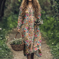 Women's Vintage Flowers Embroidered Linen Blend Maxi Dress elevenforest