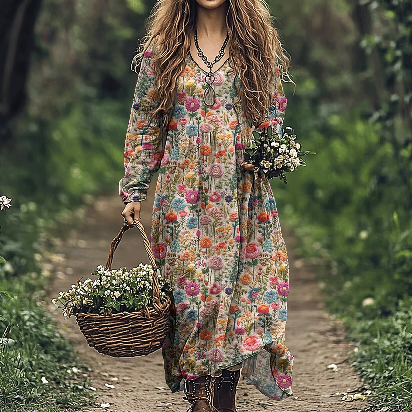 Women's Vintage Flowers Embroidered Linen Blend Maxi Dress elevenforest