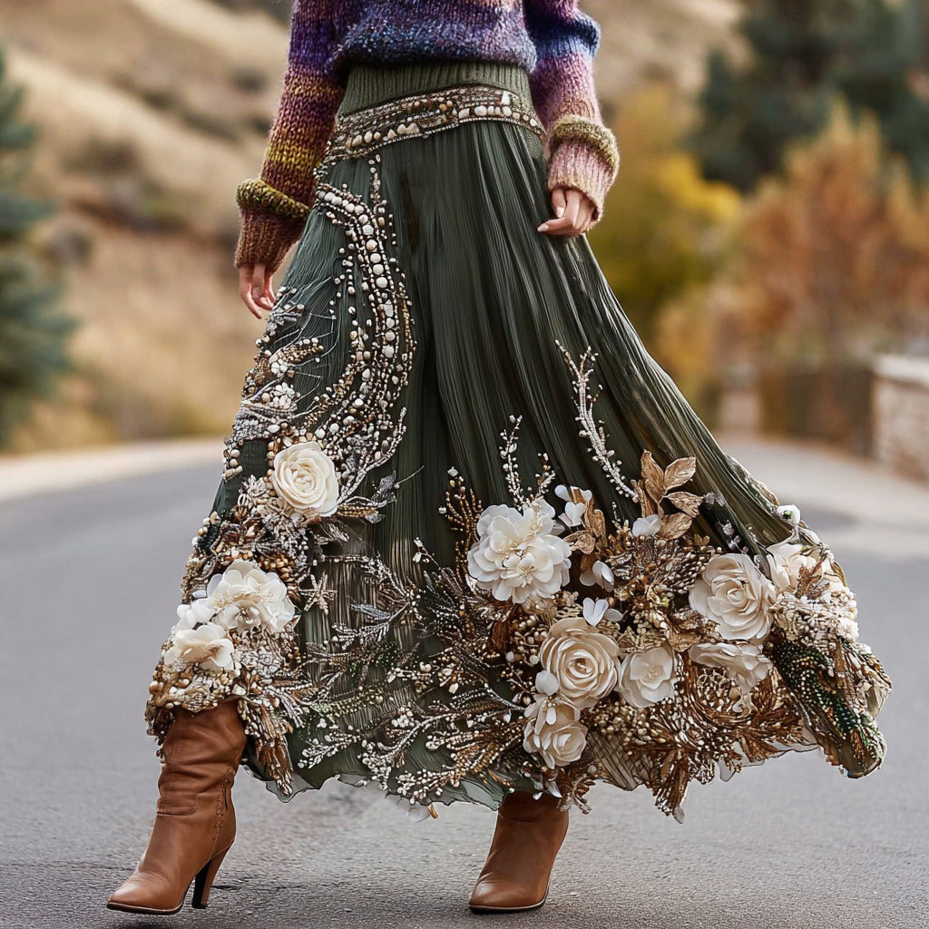 Women's Vintage White Floral Casual Linen Skirt elevenforest
