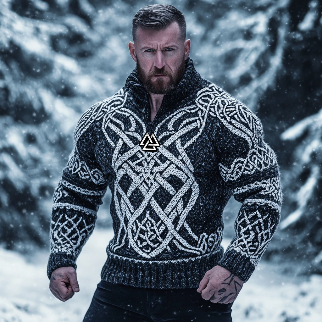 Men's Viking Vegvisir Runes Celtic Knot Half-zip Turtleneck Sweater elevenforest