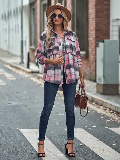 Loose Checkered Lapel Blouses&shirts Tops