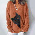 Women's Peek-A-Boo Hiding Black Cat Art Printed Light Sweater elevenforest