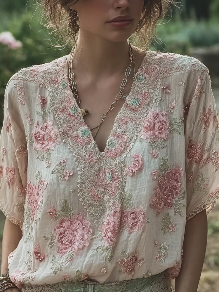 Bohemian Retro Countryside Style Plant Flower Design Cotton And Linen Women's Short-sleeved Shirt elevenforest