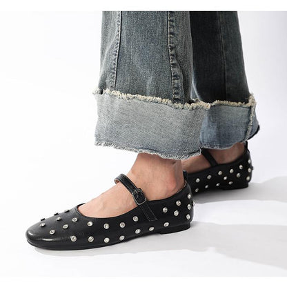 Studded Rhinestones Mary Jane One-line Buckle Ballet Flats