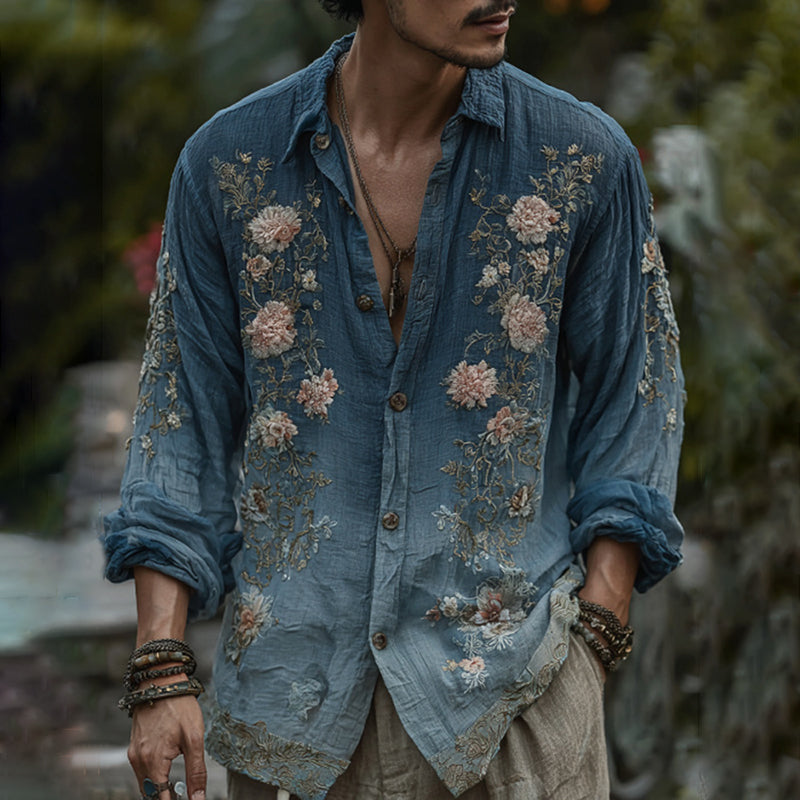 Men's Vintage Gradient Floral Embroidered Art Comfy Linen Shirt elevenforest