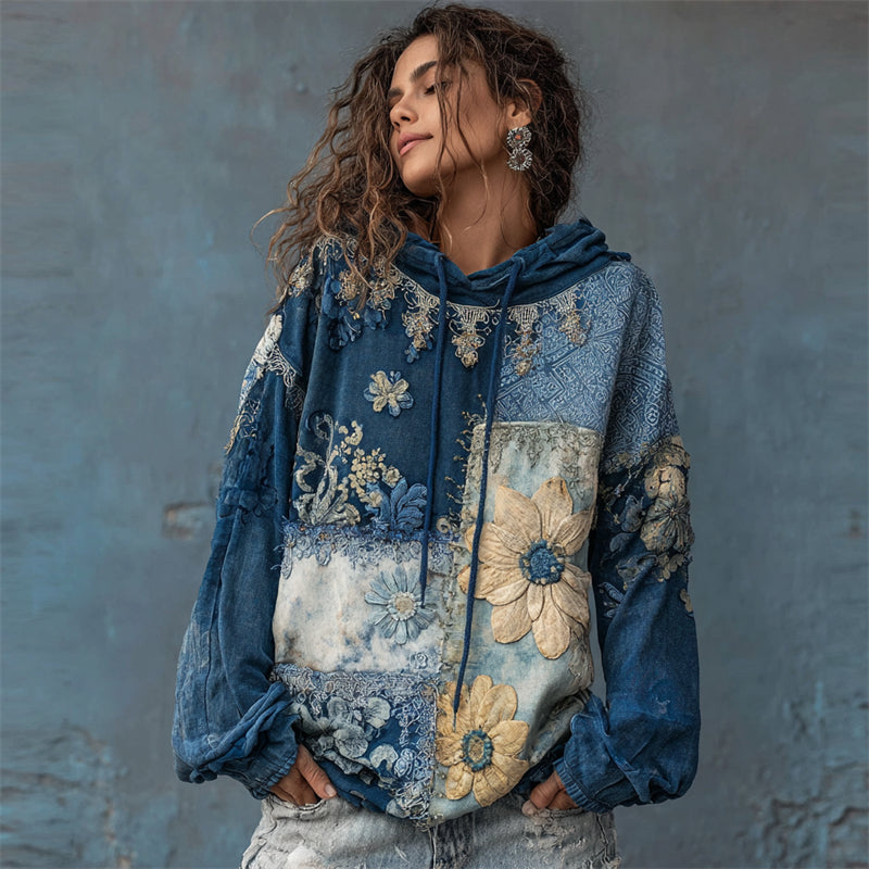 Boho Floral Fiber Art Colorblock Stitched Hoodie elevenforest