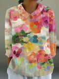 Women's Vintage Oil Painting Floral Print Design Lapel Shirt elevenforest