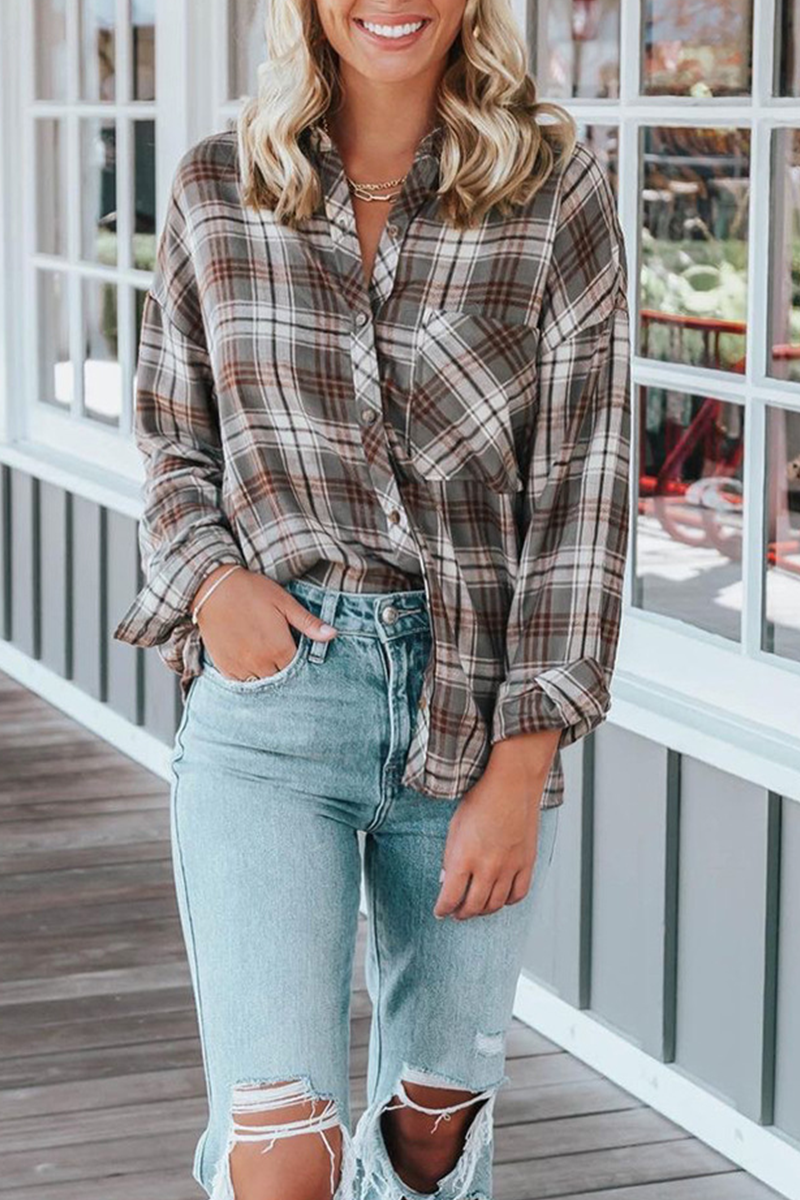 Plaid Patchwork Turndown Collar Tops