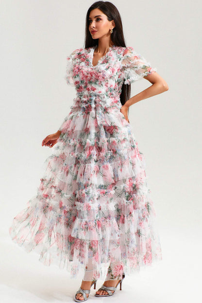 V-neck Short Sleeve Ruffle Tiered Hem Maxi Dress