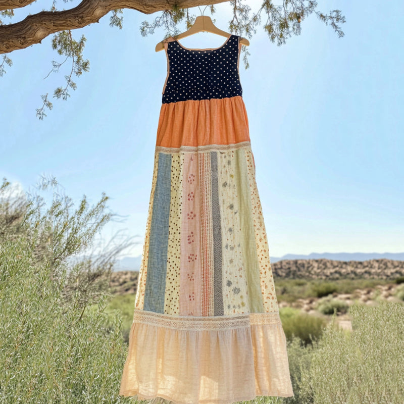Vintage Polka Dot And Floral Patchwork Art Linen Tank Dress elevenforest