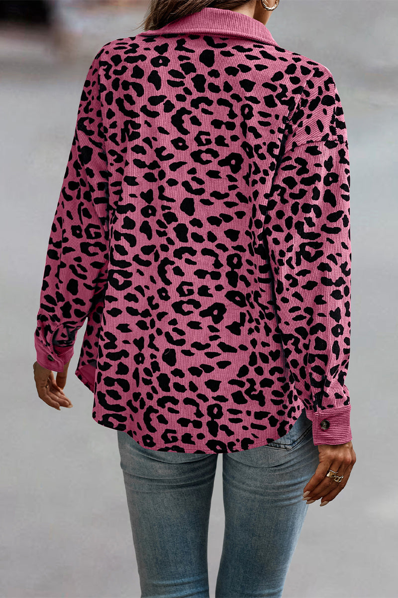 Sweet Leopard Pocket Turndown Collar Tops