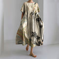 Comstylish Women's Vintage Japanese Art Print Short Sleeve Midi Dress