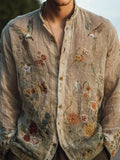 Men's Humming Birds Floral Embroidered Breathable Linen Shirt elevenforest