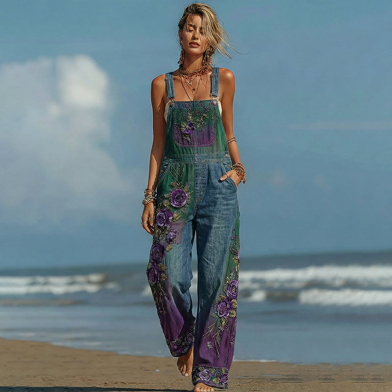 Boho Ethnic Lace Embroidered Pattern Floral Patchwork Denim Jumpsuit elevenforest