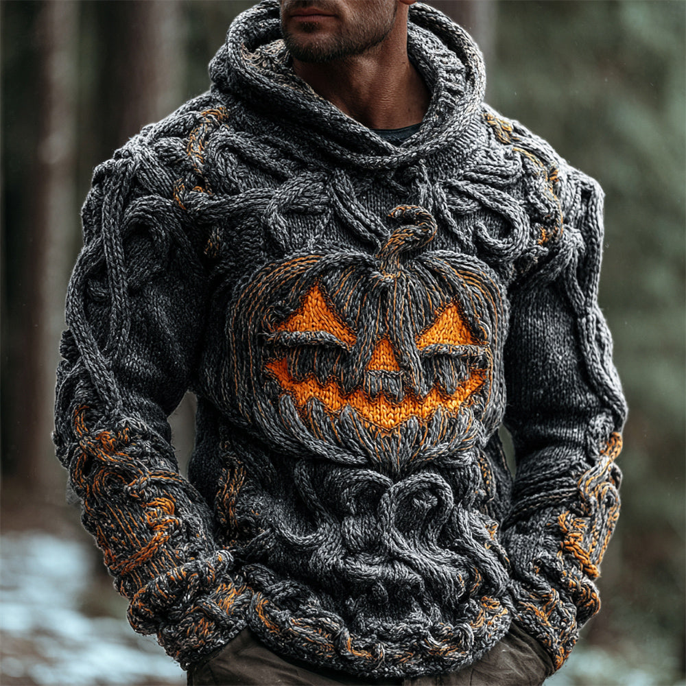Halloween Pumpkin Emoji Men's Chunky Knit Hooded Sweater elevenforest