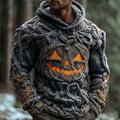 Halloween Pumpkin Emoji Men's Chunky Knit Hooded Sweater elevenforest