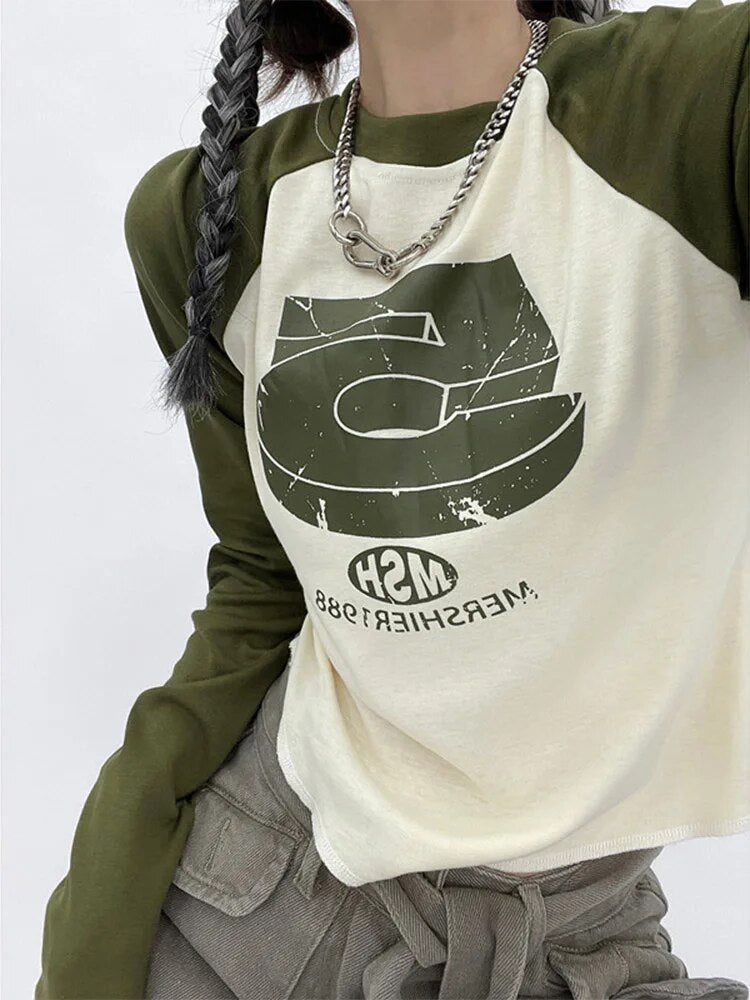 Y2k Patchwork Green Tshirts Hippie Long Sleeve T Shirts Female Kpop Retro Autumn Crop Tops