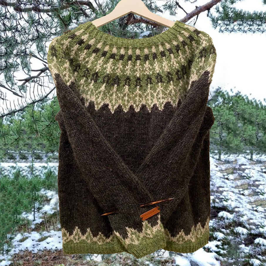 Vintage Green Icelandic Knit Jacquard Warmth Crew Neck Sweater Unisex elevenforest