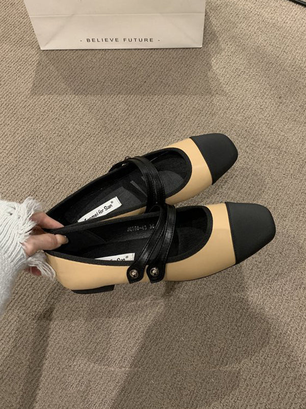 Contrast Color Round Cut Split-joint Square-toe Low Heels Flat Shoes Flats