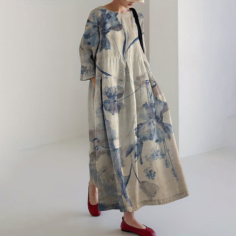 Comstylish Japanese Floral Art Linen Maxi Dress