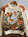 Fall Chicken Floral Embroidered Knit Sweater artswardrobe