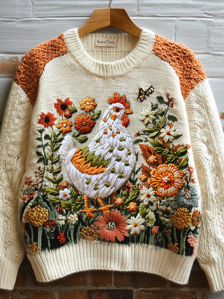 Fall Chicken Floral Embroidered Knit Sweater artswardrobe