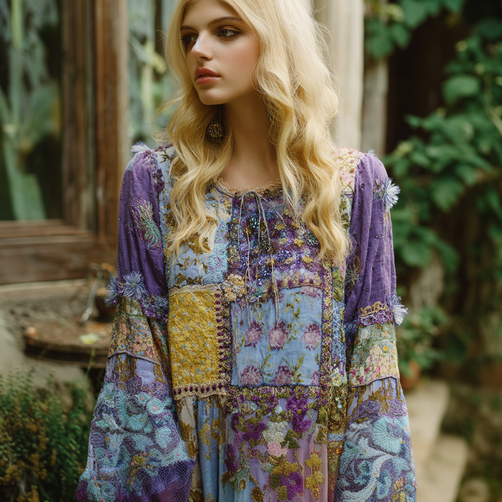 Vintage Boho Floral Patchwork Embroidered Women's Linen Long Sleeve Shirt elevenforest
