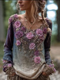 Bohemian Style Round Neck Long Sleeve 3d Purple Flower Design Cotton And Linen Top For Women elevenforest