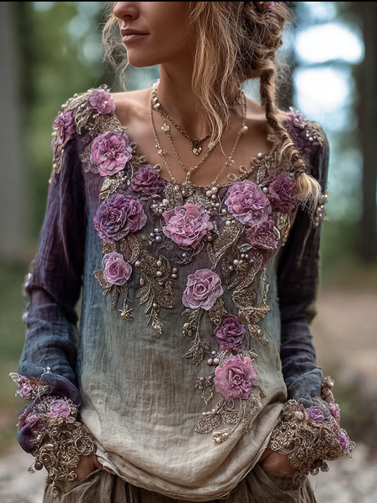 Bohemian Style Round Neck Long Sleeve 3d Purple Flower Design Cotton And Linen Top For Women elevenforest