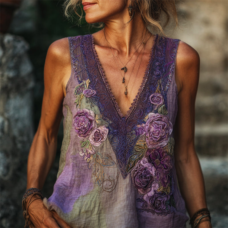 Vintage Glitter Purple Roses Embroidered Linen Tank Top elevenforest