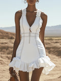 Stylish Casual White Denim Zipper Ruffle Trim Mini Dress