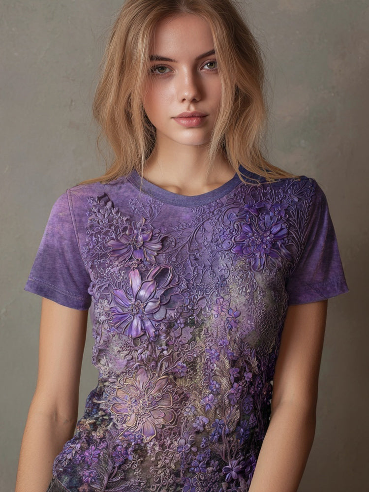 Vintage Purple Flowers Embroidered Comfy T Shirt elevenforest