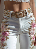 Women's Bohemian Style Pink Rose Embroidery Jeans elevenforest