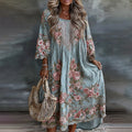 Women's Floral Art Flowy Linen Blend Casual Long Sleeve Maxi Dress elevenforest
