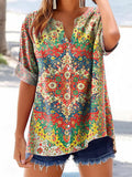 Women's Colorful Ethnic Totem Flower Art Print Casual Cotton And Linen