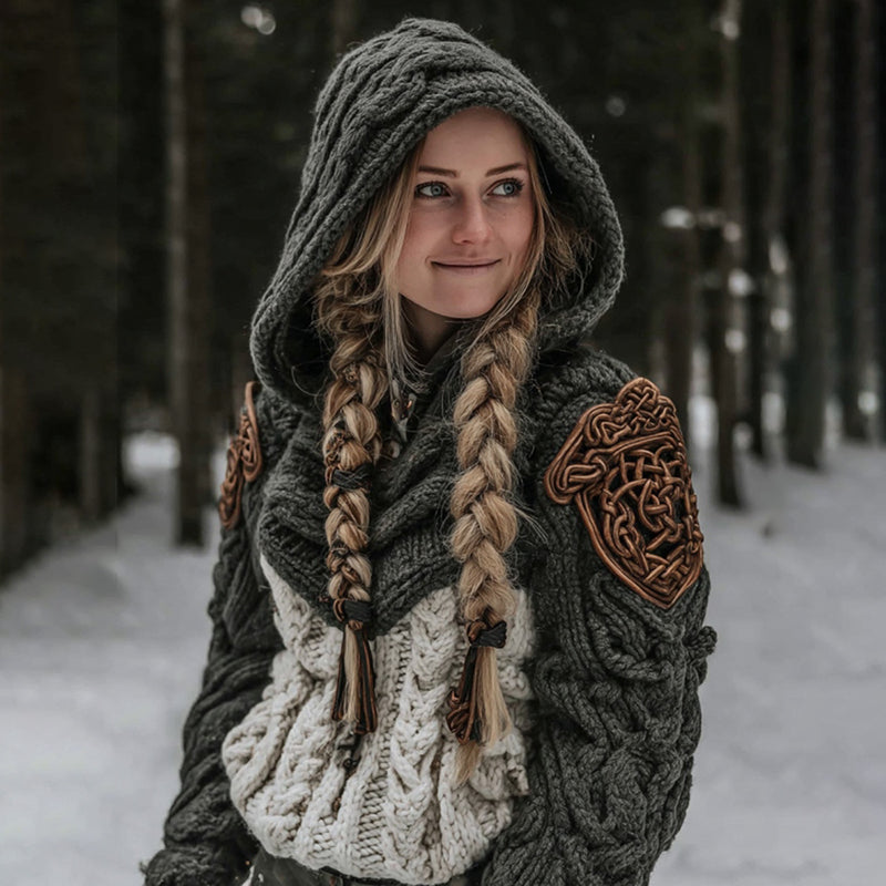 Women's Vintage Celtic Knot Knit Color Block Cozy Hooded Sweater artswardrobe