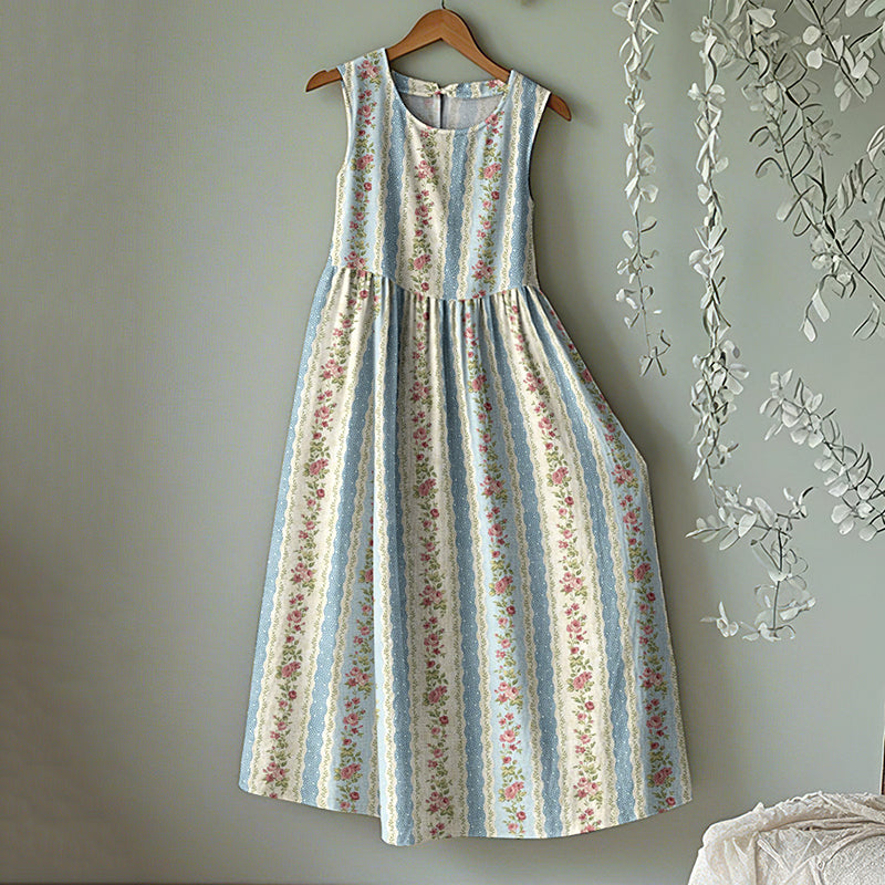 Vintage Floral Round Neck Sleeveless Midi Dress elevenforest