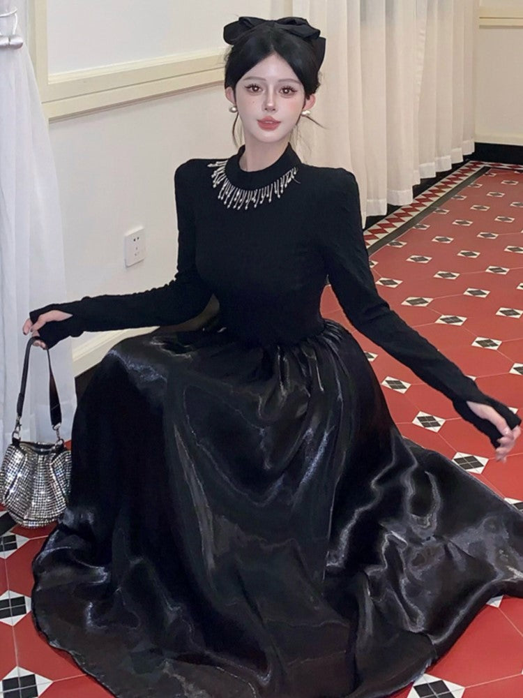 French Midi Dress Patchwork O-neck Long Sleeve Autumn Spring A-line Evening Party Prom Robe Wedding Vestidos Mujer