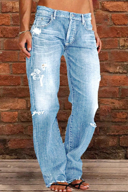 Street Patchwork Ripped Straight Denim Jeans(3 Colors)