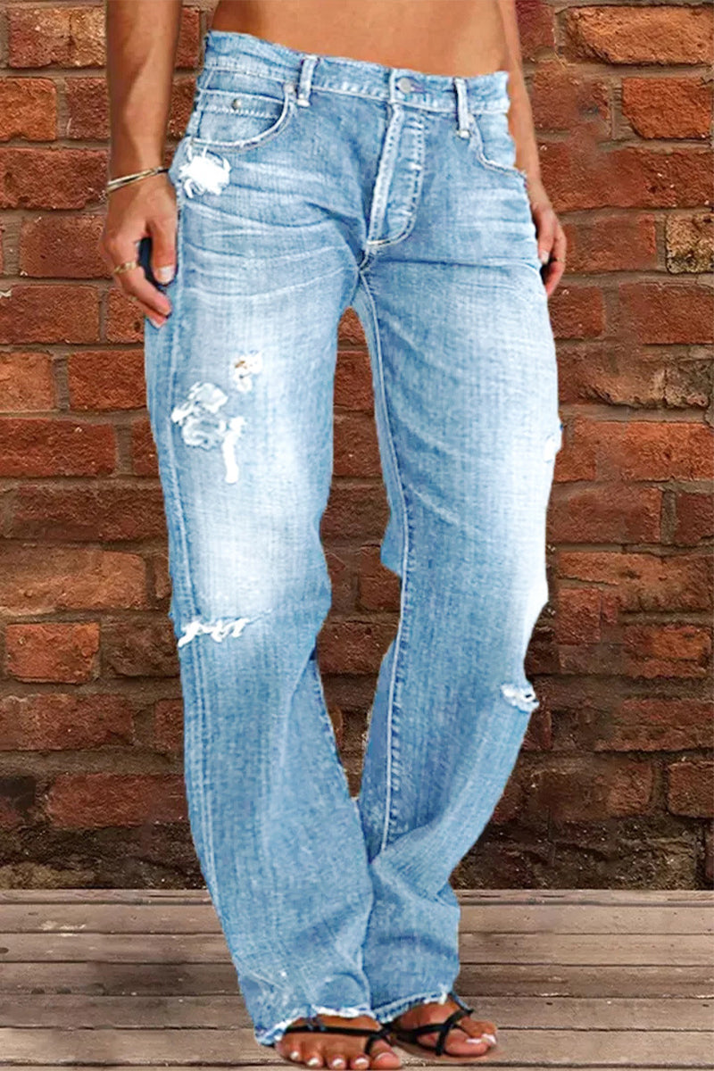Street Patchwork Ripped Straight Denim Jeans(3 Colors)