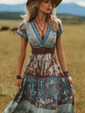 Bohemian Style Retro Floral Pattern Women's V-neck Dress elevenforest
