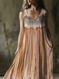 Boho Vintage Lace Fringe Women's Linen Vest Maxi Dress elevenforest
