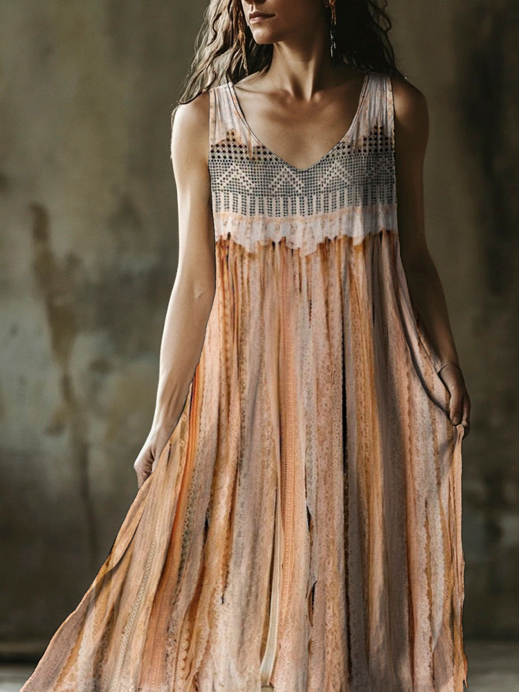Boho Vintage Lace Fringe Women's Linen Vest Maxi Dress elevenforest