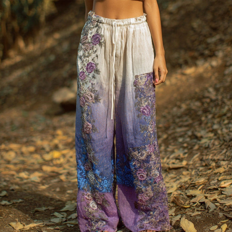 Vintage Purple Roses Embroidered Patchwork Linen Trousers elevenforest