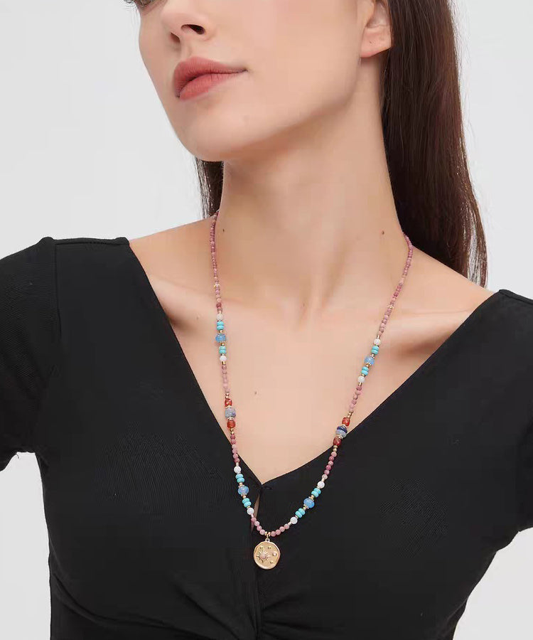 Red Stainless Steel Turquoise Rhodochrosite Pendant Necklace