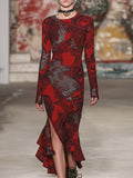 Retro Casual Printed Red Slit Maxi Dress