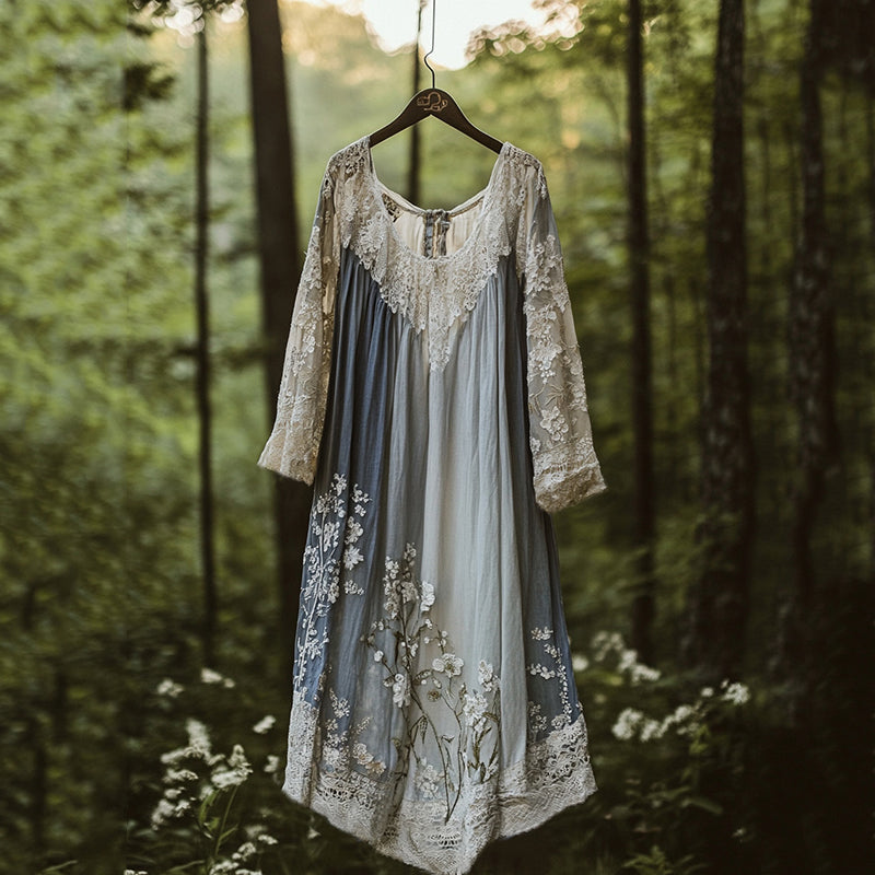 Floral Embroidered Pattern Linen Contrast Color Maxi Dress elevenforest